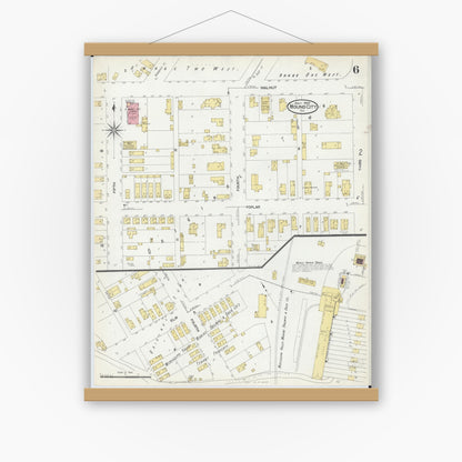 Old map wall art mockup — magnetic wood frame on white wall — Sanborn Fire Insurance Map from Mound City, Pulaski County, Illinois (1907), Sheet #0006