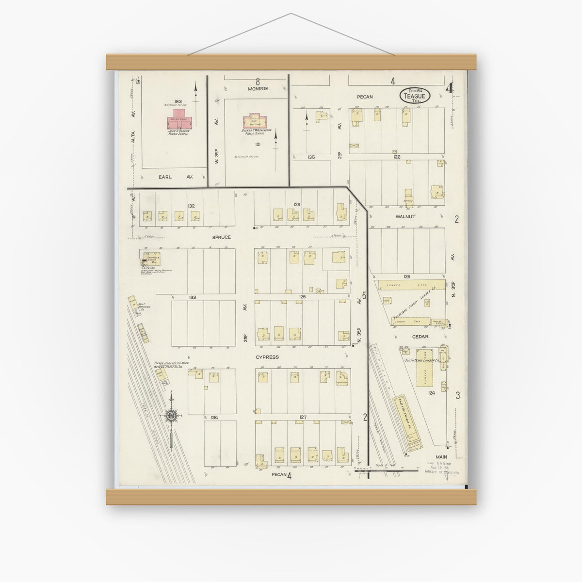 Old map wall art mockup — magnetic wood frame on white wall — Sanborn Fire Insurance Map from Teague, Freestone County, Texas (1914), Sheet #0004