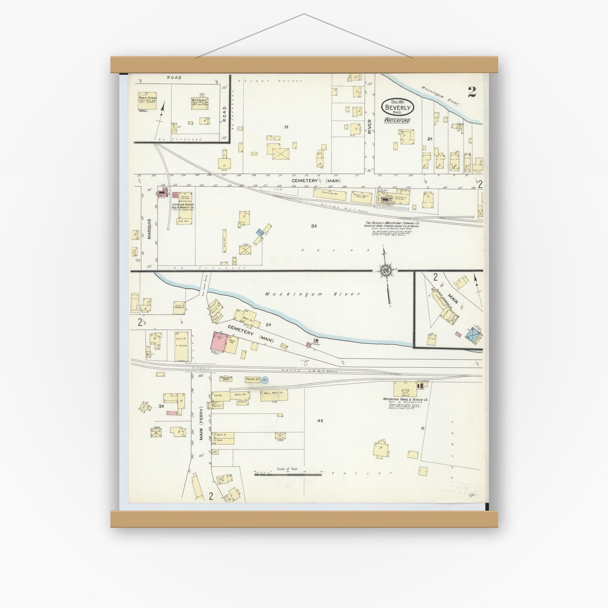 Old map wall art mockup — magnetic wood frame on white wall — Sanborn Fire Insurance Map from Beverly, Washington County, Ohio (1911), Sheet #0002