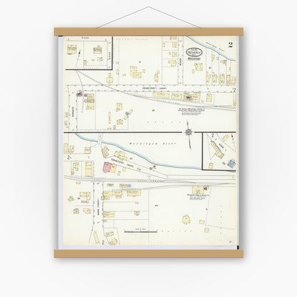 Old map wall art mockup — magnetic wood frame on white wall — Sanborn Fire Insurance Map from Beverly, Washington County, Ohio (1911), Sheet #0002