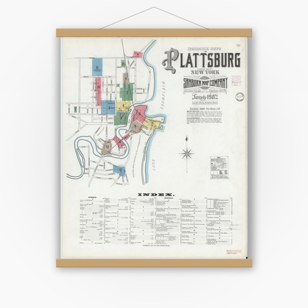 Old map wall art mockup — magnetic wood frame on white wall — Sanborn Fire Insurance Map from Plattsburg, Clinton County, New York (1902) - Complete Map Set