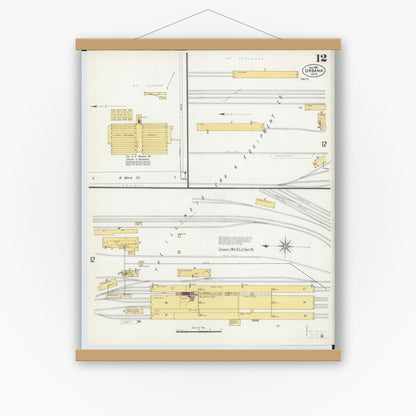 Old map wall art mockup — magnetic wood frame on white wall — Sanborn Fire Insurance Map from Urbana, Champaign County, Ohio (1901), Sheet #0012
