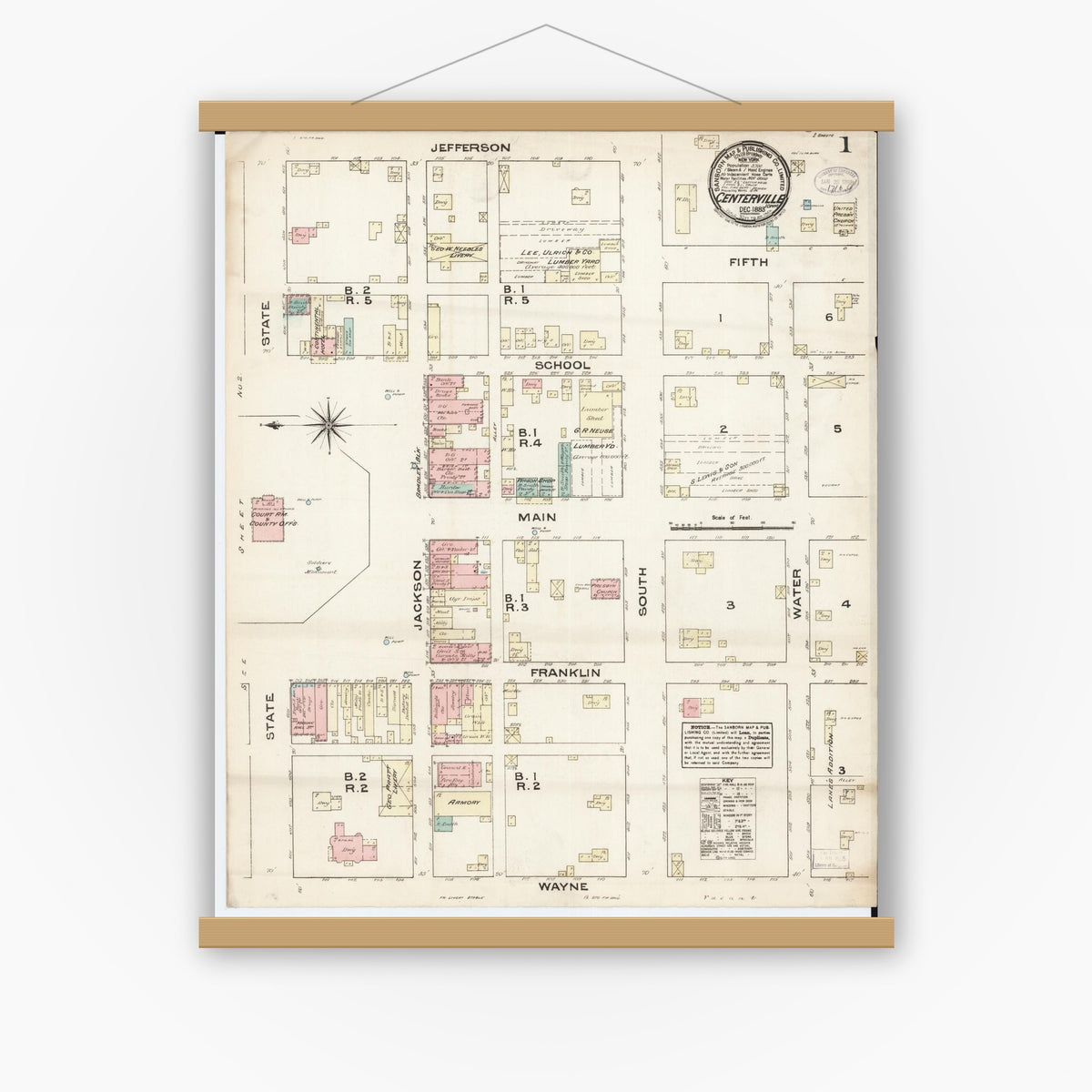 Old map wall art mockup — magnetic wood frame on white wall — Sanborn Fire Insurance Map from Centerville, Appanoose County, Iowa (1883) â€” Complete Set
