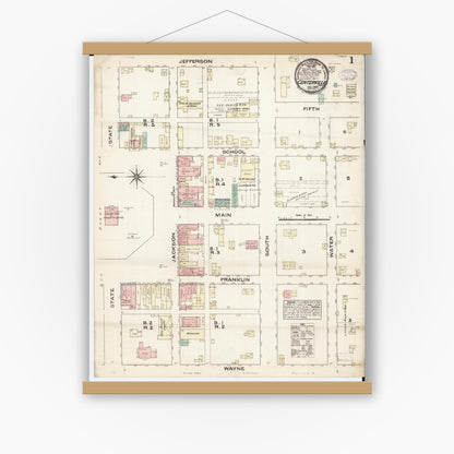 Old map wall art mockup — magnetic wood frame on white wall — Sanborn Fire Insurance Map from Centerville, Appanoose County, Iowa (1883) â€” Complete Set