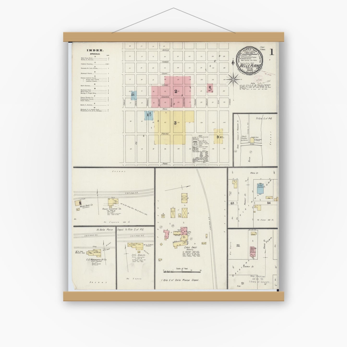 Old map wall art mockup — magnetic wood frame on white wall — Sanborn Fire Insurance Map from Belle Plaine, Scott County, Minnesota (1894) - Complete Map Set