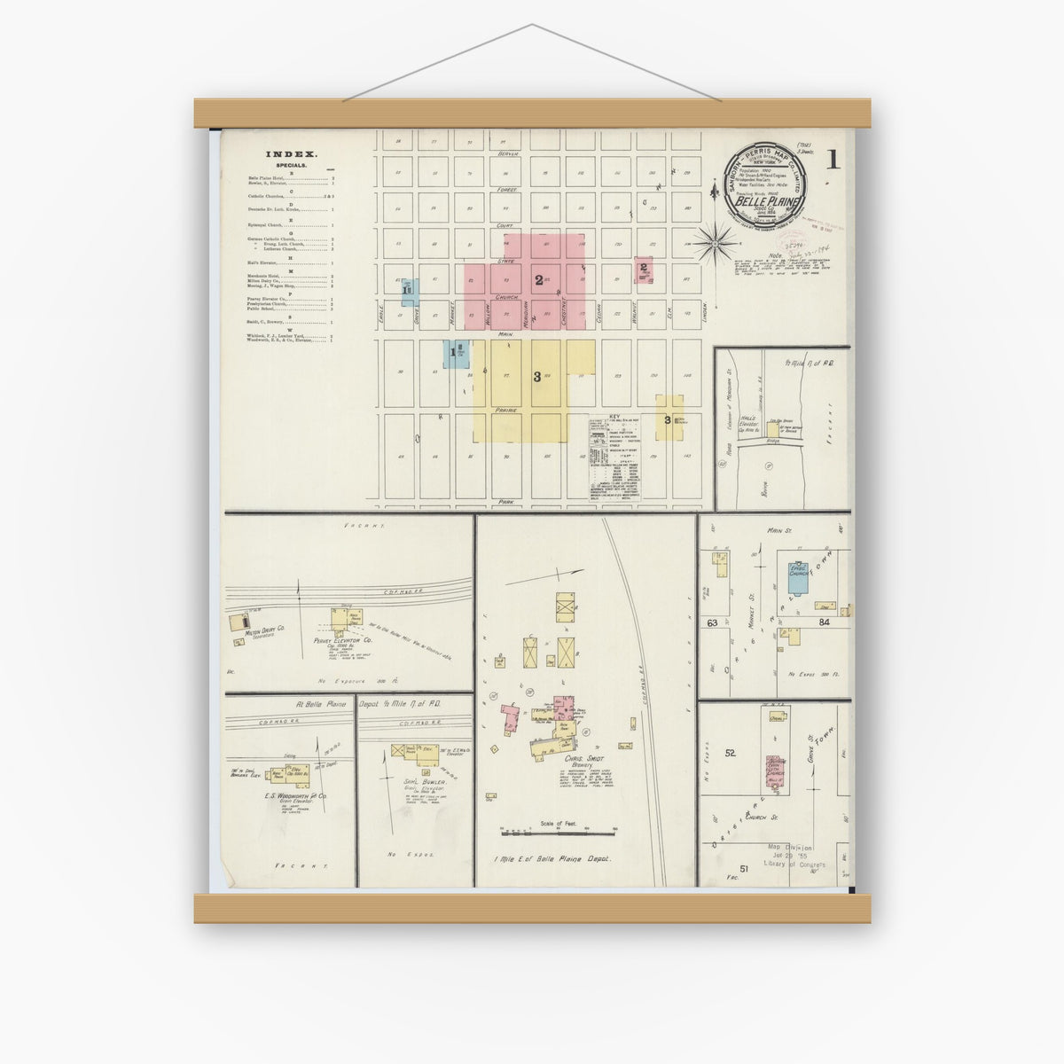 Old map wall art mockup — magnetic wood frame on white wall — Sanborn Fire Insurance Map from Belle Plaine, Scott County, Minnesota (1894) - Complete Map Set