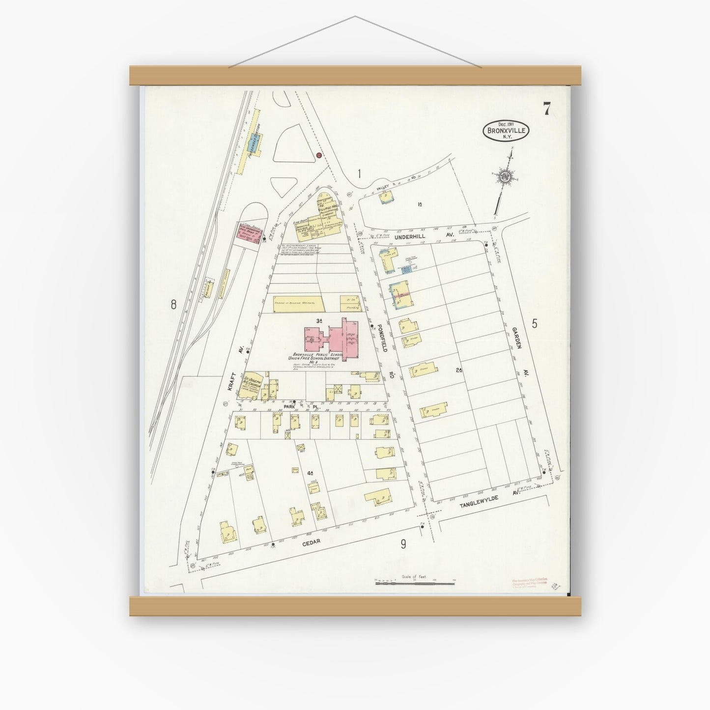 Old map wall art mockup — magnetic wood frame on white wall — Sanborn Fire Insurance Map from Bronxville, Westchester County, New York (1911), Sheet #0007