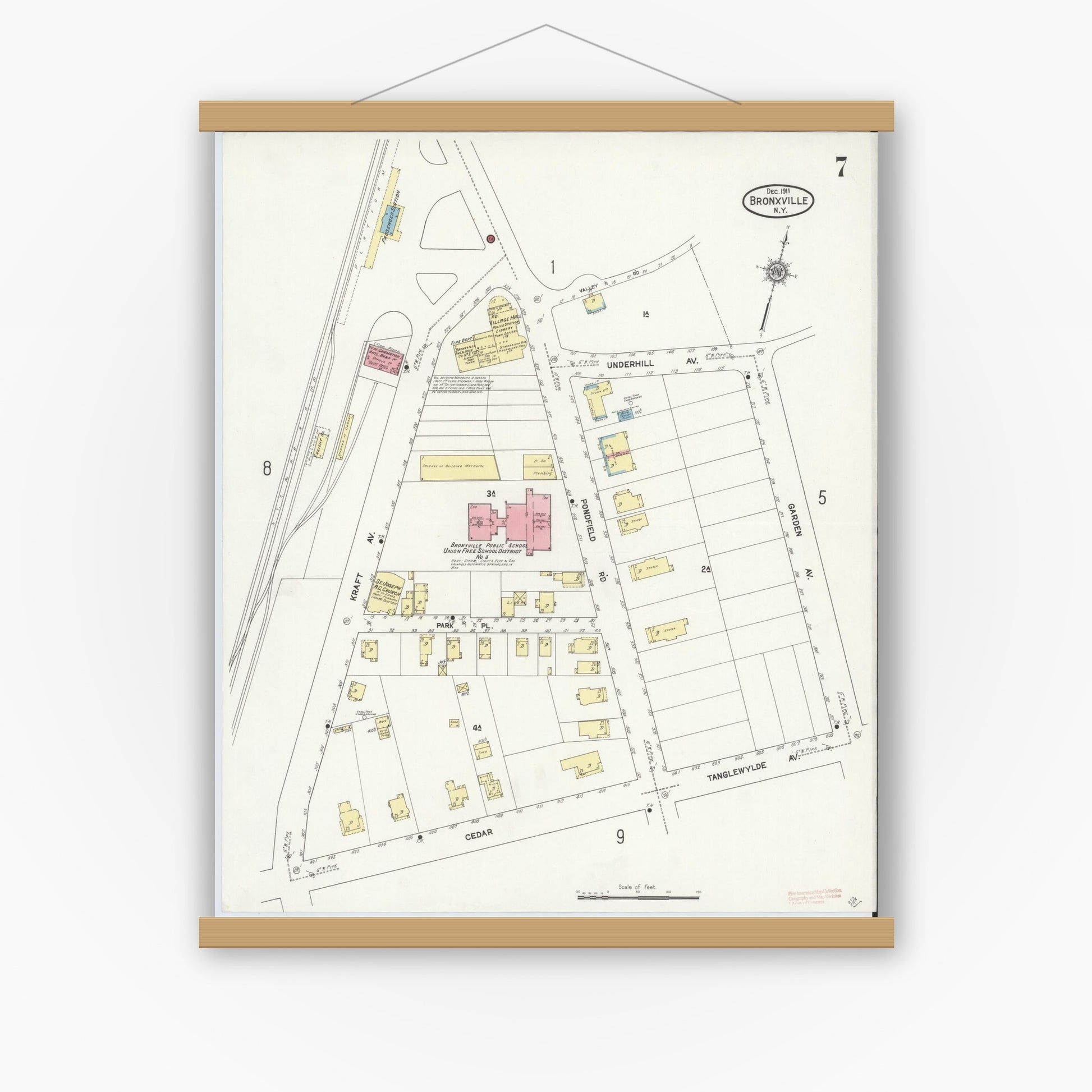 Old map wall art mockup — magnetic wood frame on white wall — Sanborn Fire Insurance Map from Bronxville, Westchester County, New York (1911), Sheet #0007