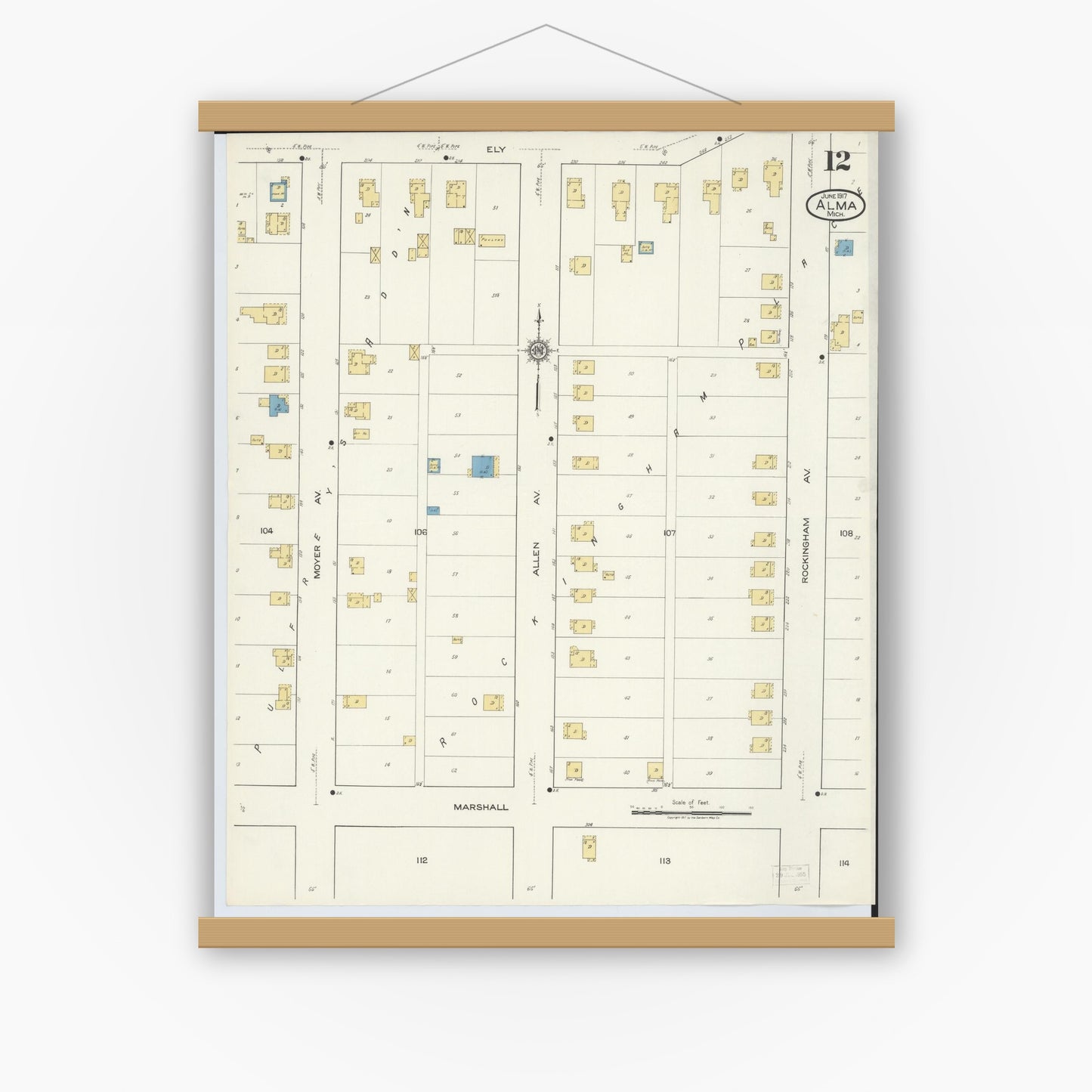 Old map wall art mockup — magnetic wood frame on white wall — Sanborn Fire Insurance Map from Alma, Gratiot County, Michigan (1917), Sheet #0012