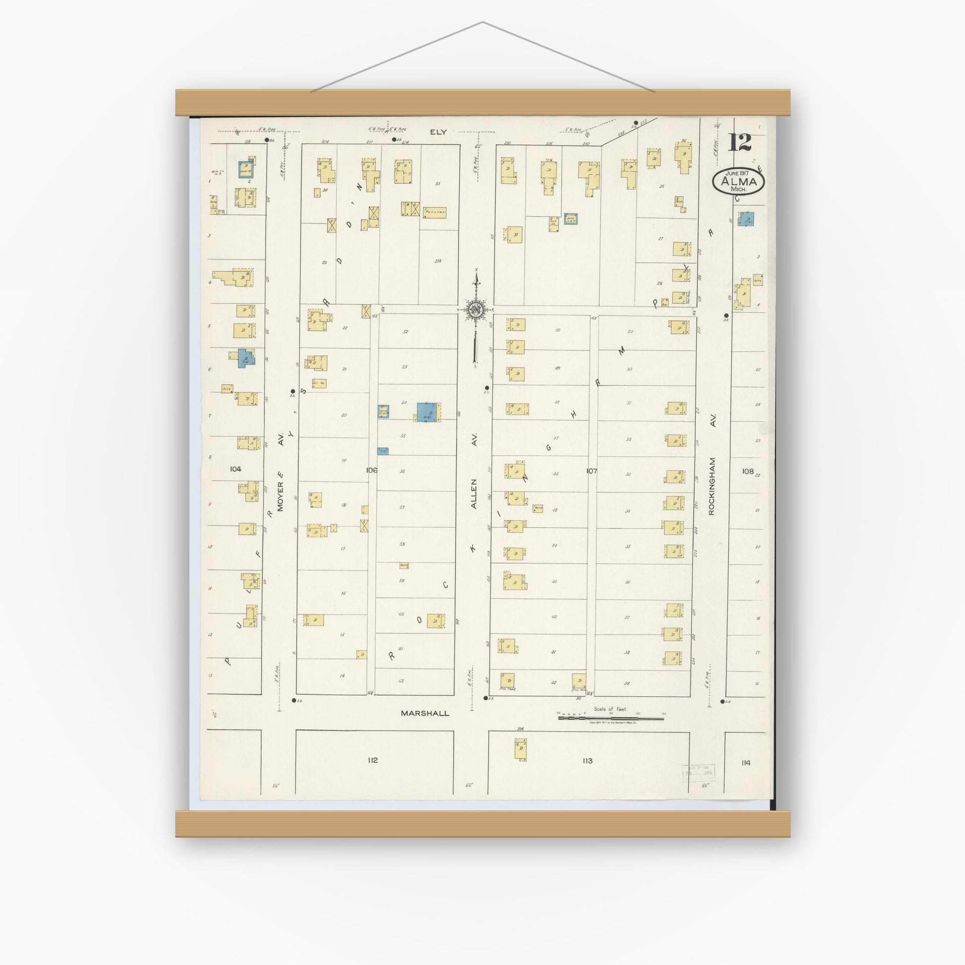 Old map wall art mockup — magnetic wood frame on white wall — Sanborn Fire Insurance Map from Alma, Gratiot County, Michigan (1917), Sheet #0012