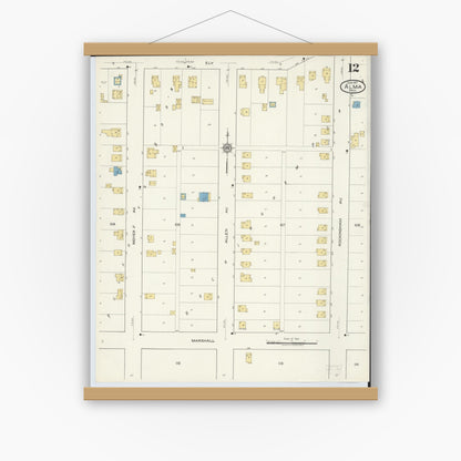 Old map wall art mockup — magnetic wood frame on white wall — Sanborn Fire Insurance Map from Alma, Gratiot County, Michigan (1917), Sheet #0012