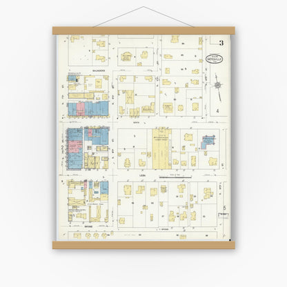 Old map wall art mockup — magnetic wood frame on white wall — Sanborn Fire Insurance Map from Gatesville, Coryell County, Texas (1912), Sheet #0003