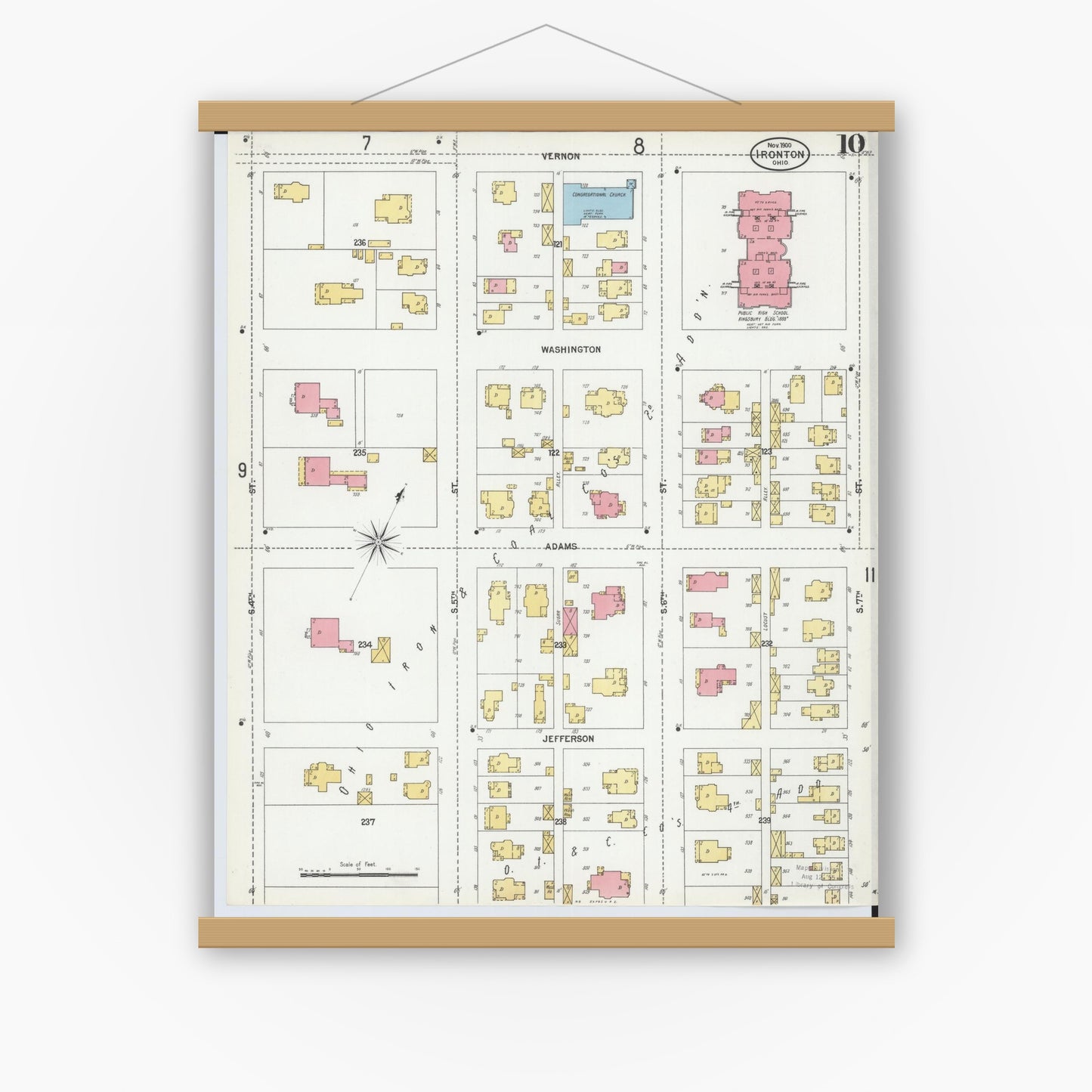 Old map wall art mockup — magnetic wood frame on white wall — Sanborn Fire Insurance Map from Ironton, Lawrence County, Ohio (1900), Sheet #0010