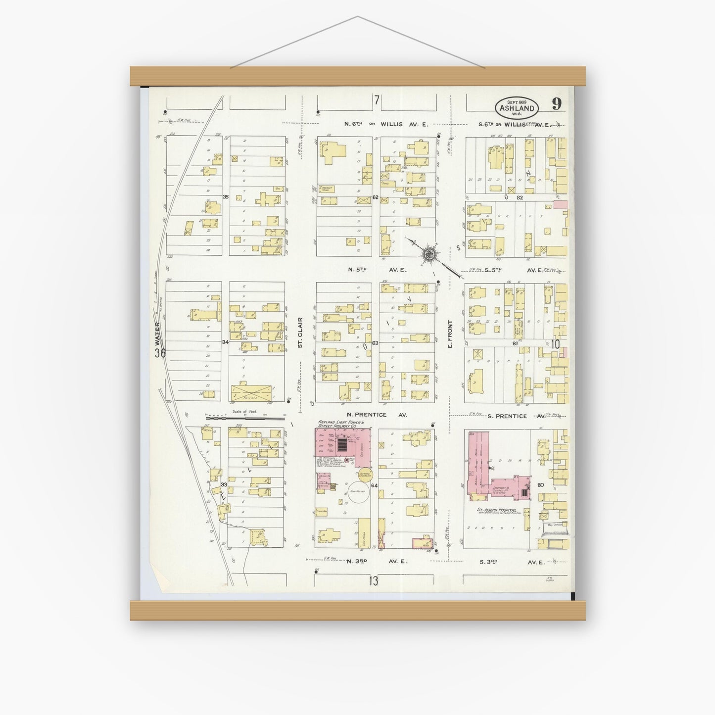 Old map wall art mockup — magnetic wood frame on white wall — Sanborn Fire Insurance Map from Ashland, Ashland County, Wisconsin (1909), Sheet #0009