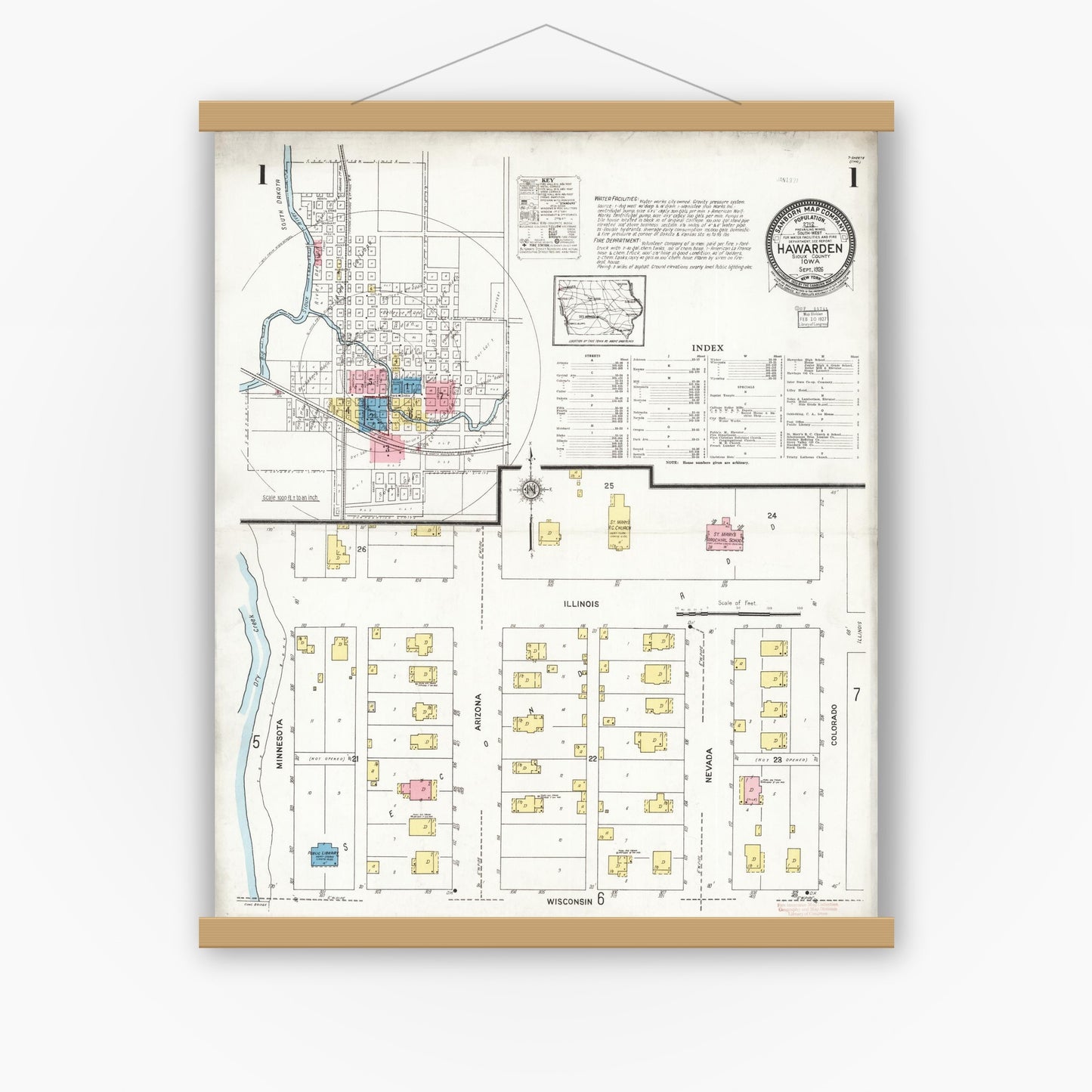 Old map wall art mockup — magnetic wood frame on white wall — Sanborn Fire Insurance Map from Hawarden, Sioux County, Iowa (1924) â€” Complete Set