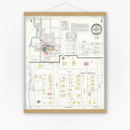 Old map wall art mockup — magnetic wood frame on white wall — Sanborn Fire Insurance Map from Hawarden, Sioux County, Iowa (1924) â€” Complete Set