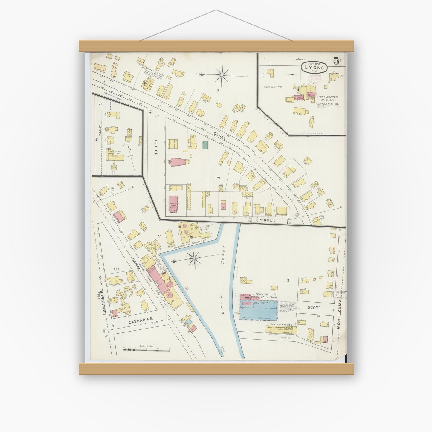 Old map wall art mockup — magnetic wood frame on white wall — Sanborn Fire Insurance Map from Lyons, Wayne County, New York (1894), Sheet #0005