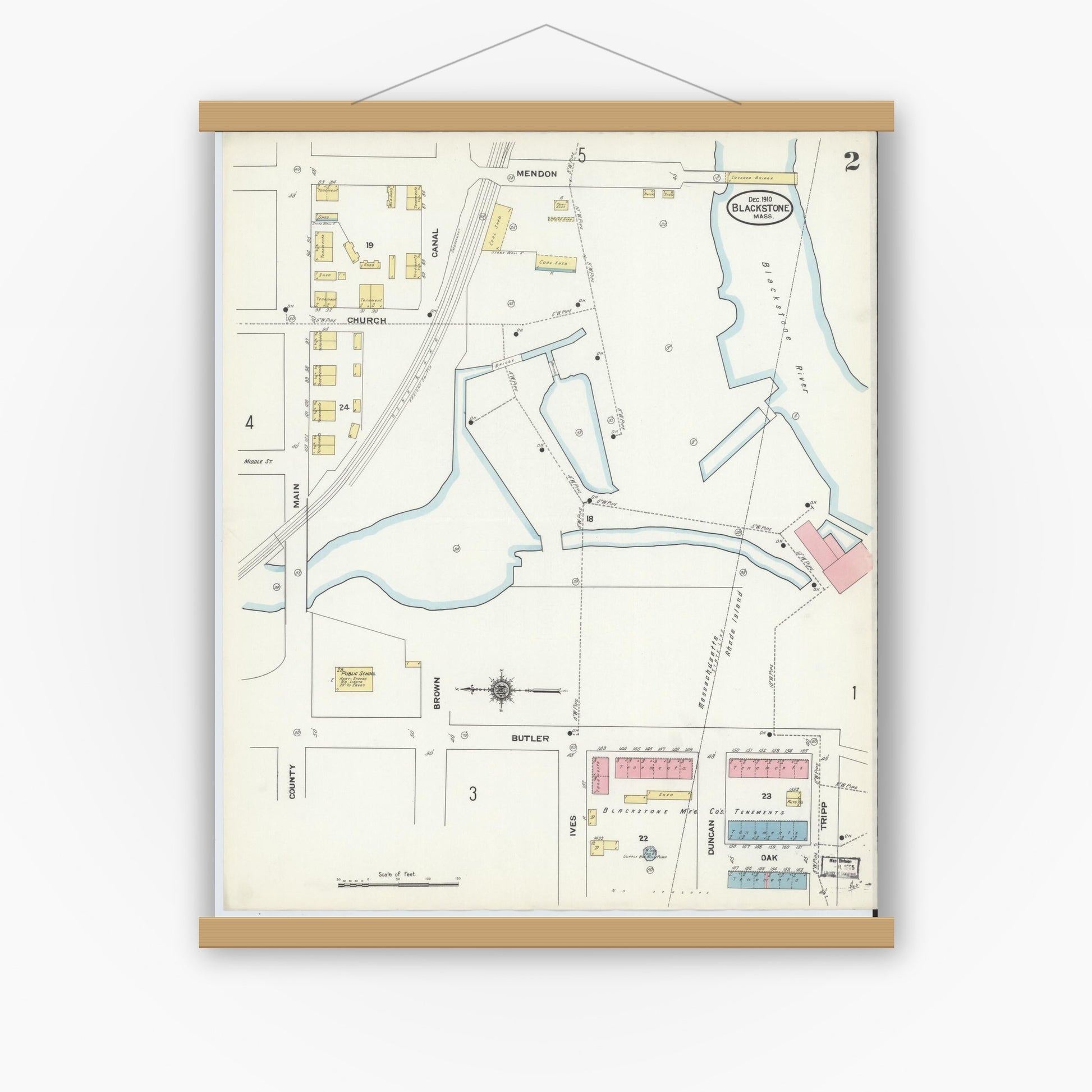 Old map wall art mockup — magnetic wood frame on white wall — Sanborn Fire Insurance Map from Blackstone, Worcester County, Massachusetts (1910), Sheet #0002