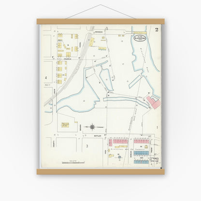 Old map wall art mockup — magnetic wood frame on white wall — Sanborn Fire Insurance Map from Blackstone, Worcester County, Massachusetts (1910), Sheet #0002