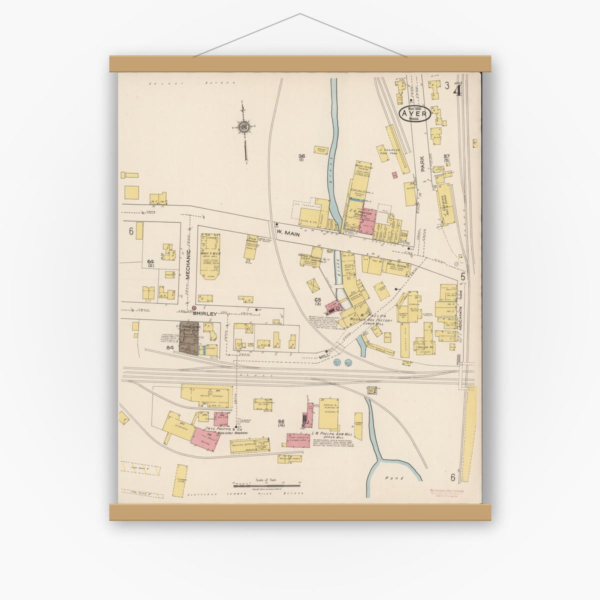 Old map wall art mockup — magnetic wood frame on white wall — Sanborn Fire Insurance Map from Ayer, Middlesex County, Massachusetts (1921), Sheet #0004