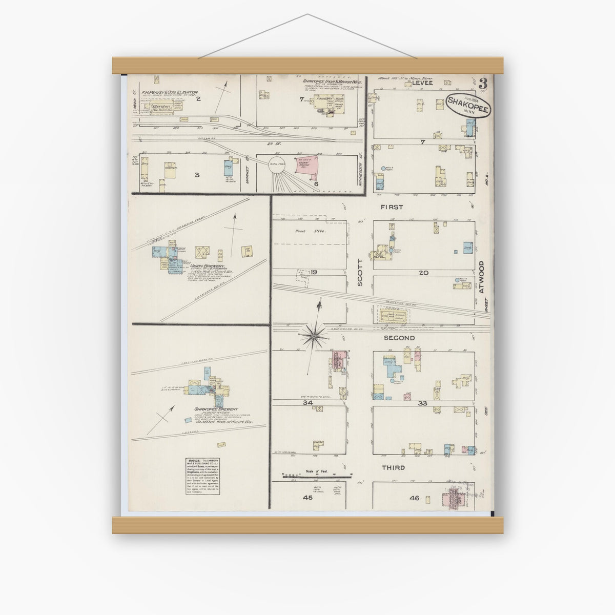 Old map wall art mockup — magnetic wood frame on white wall — Sanborn Fire Insurance Map from Shakopee, Scott County, Minnesota (1884), Sheet #0003