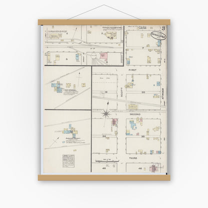 Old map wall art mockup — magnetic wood frame on white wall — Sanborn Fire Insurance Map from Shakopee, Scott County, Minnesota (1884), Sheet #0003
