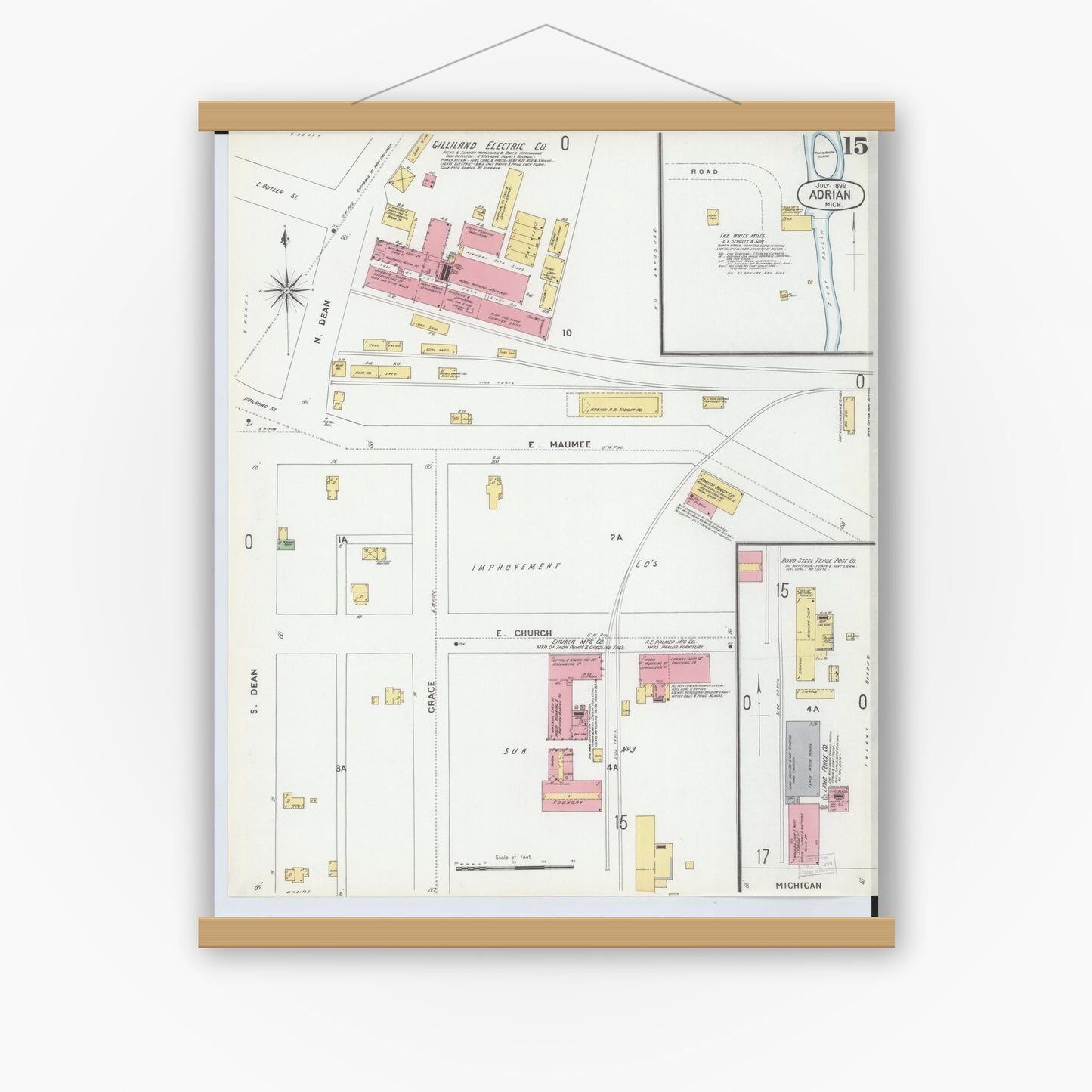 Old map wall art mockup — magnetic wood frame on white wall — Sanborn Fire Insurance Map from Adrian, Lenawee County, Michigan (1899), Sheet #0015