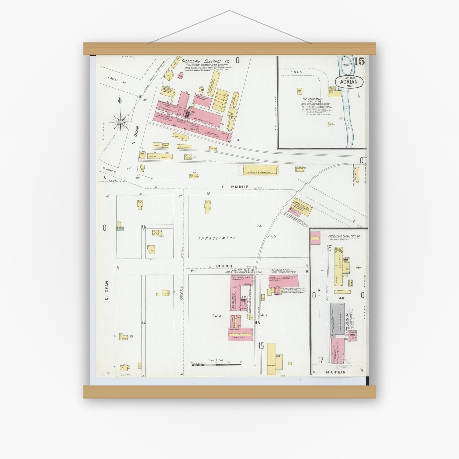 Old map wall art mockup — magnetic wood frame on white wall — Sanborn Fire Insurance Map from Adrian, Lenawee County, Michigan (1899), Sheet #0015
