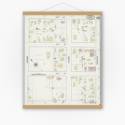 Old map wall art mockup — magnetic wood frame on white wall — Sanborn Fire Insurance Map from Waco, McLennan County, Texas (1889), Sheet #0015