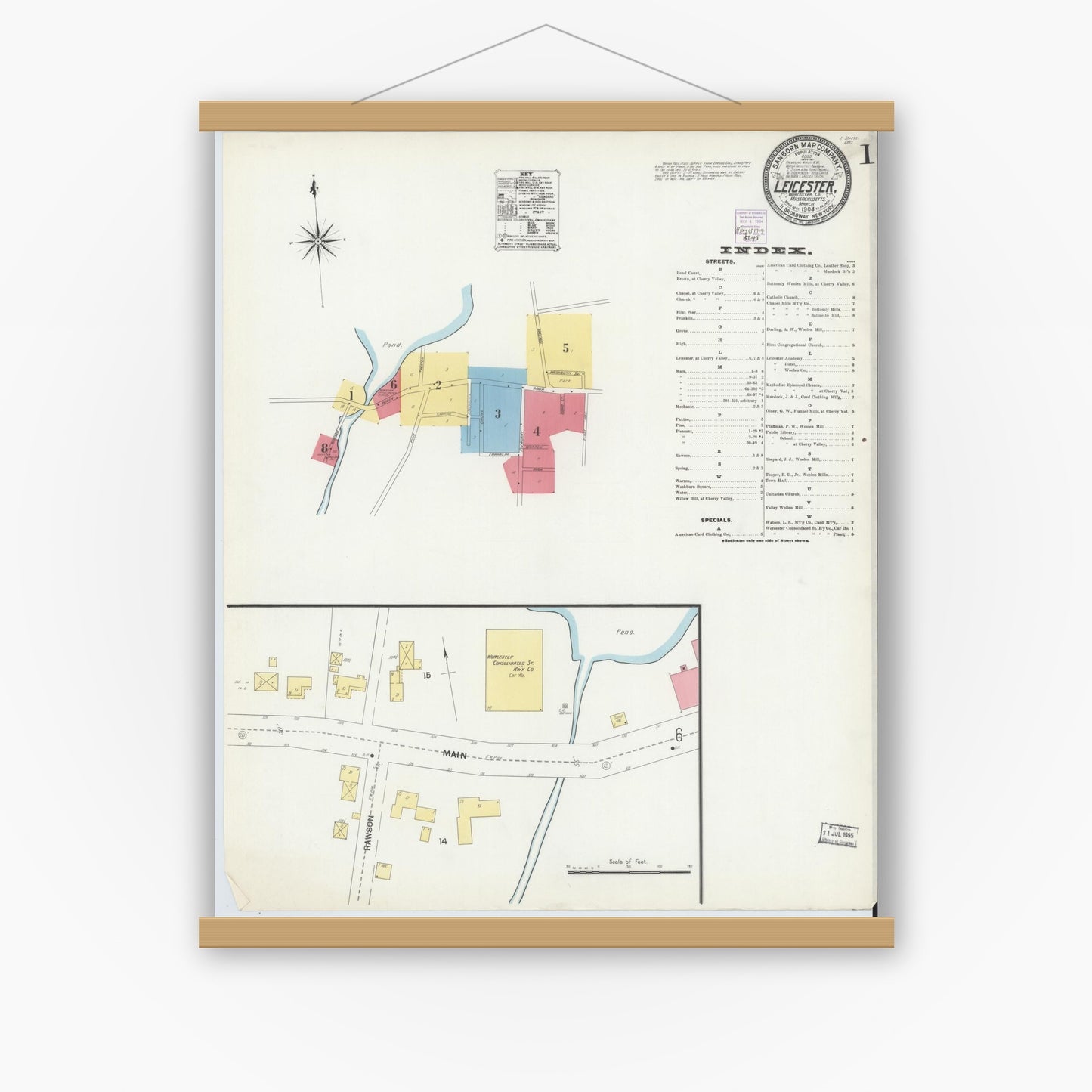 Old map wall art mockup — magnetic wood frame on white wall — Sanborn Fire Insurance Map from Leicester, Worcester County, Massachusetts (1904), Sheet #0001