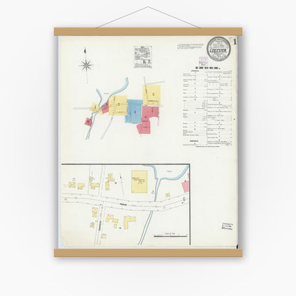 Old map wall art mockup — magnetic wood frame on white wall — Sanborn Fire Insurance Map from Leicester, Worcester County, Massachusetts (1904), Sheet #0001