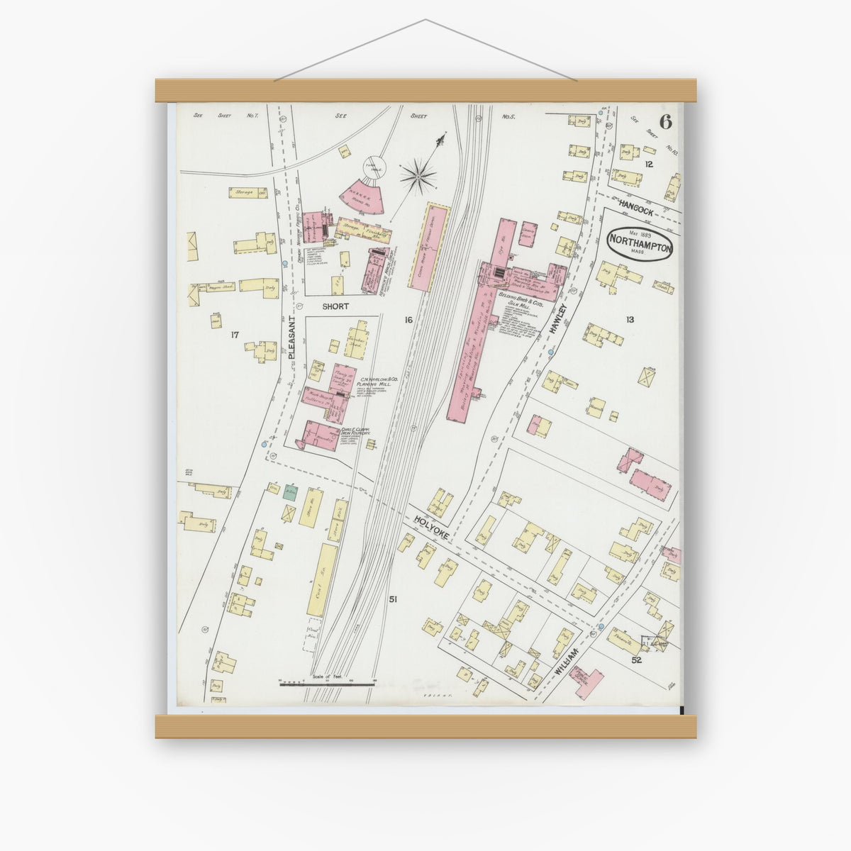 Old map wall art mockup — magnetic wood frame on white wall — Sanborn Fire Insurance Map from Northampton, Hampshire County, Massachusetts (1889), Sheet #0006