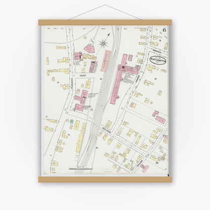 Old map wall art mockup — magnetic wood frame on white wall — Sanborn Fire Insurance Map from Northampton, Hampshire County, Massachusetts (1889), Sheet #0006