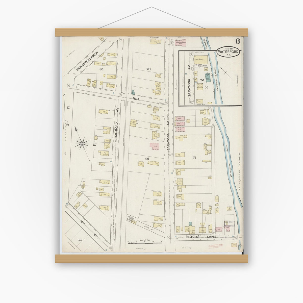 Old map wall art mockup — magnetic wood frame on white wall — Sanborn Fire Insurance Map from Waterford, Saratoga County, New York (1887), Sheet #0008