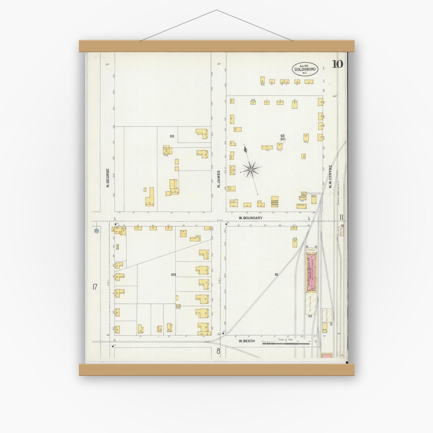 Old map wall art mockup — magnetic wood frame on white wall — Sanborn Fire Insurance Map from Goldsboro, Wayne County, North Carolina (1901), Sheet #0010