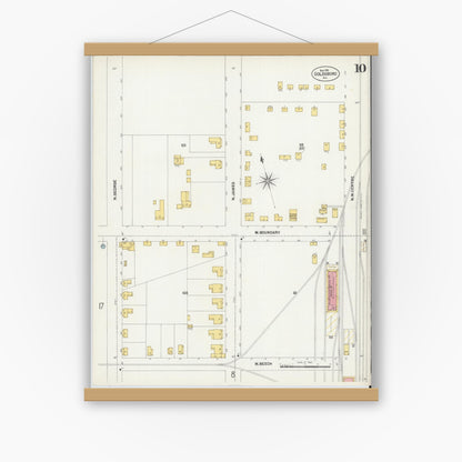 Old map wall art mockup — magnetic wood frame on white wall — Sanborn Fire Insurance Map from Goldsboro, Wayne County, North Carolina (1901), Sheet #0010