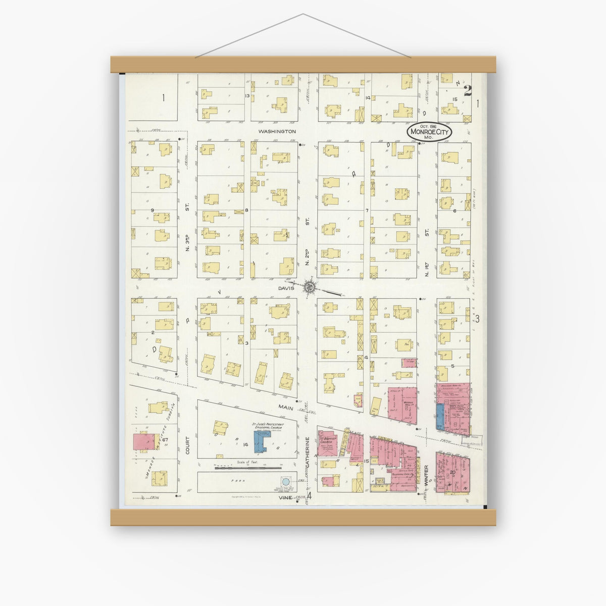 Old map wall art mockup — magnetic wood frame on white wall — Sanborn Fire Insurance Map from Monroe City, Monroe County, Missouri (1916), Sheet #0002