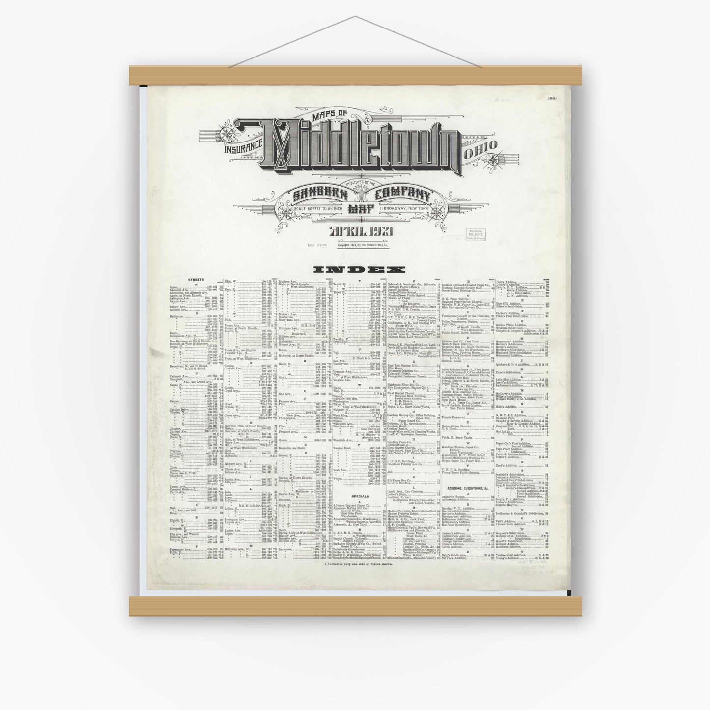Old map wall art mockup — magnetic wood frame on white wall — Sanborn Fire Insurance Map from Middletown, Butler County, Ohio (1921), Sheet #0001