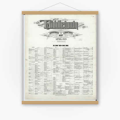 Old map wall art mockup — magnetic wood frame on white wall — Sanborn Fire Insurance Map from Middletown, Butler County, Ohio (1921), Sheet #0001