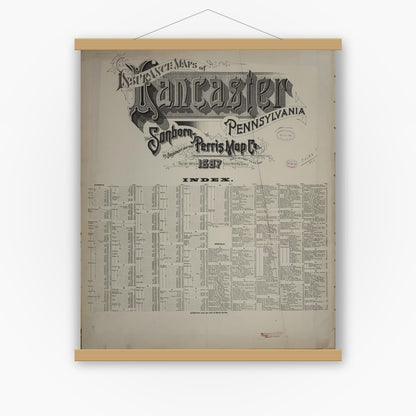 Old map wall art mockup — magnetic wood frame on white wall — Sanborn Fire Insurance Map from Lancaster, Lancaster County, Pennsylvania (1897), Sheet #0001