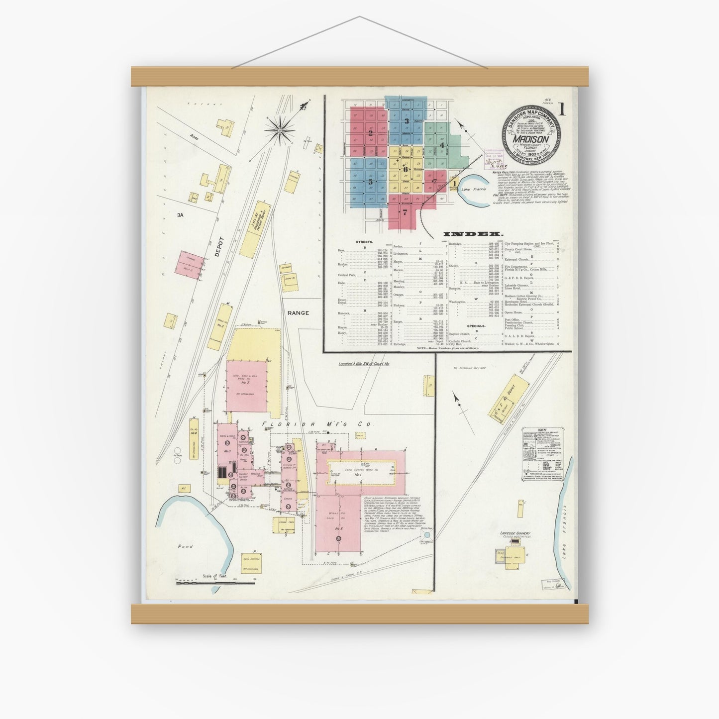 Old map wall art mockup — magnetic wood frame on white wall — Sanborn Fire Insurance Map from Madison, Madison County, Florida (1909) - Complete Map Set