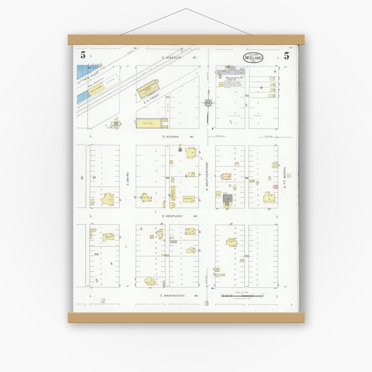 Old map wall art mockup — magnetic wood frame on white wall — Sanborn Fire Insurance Map from Midland, Midland County, Texas (1929), Sheet #0005