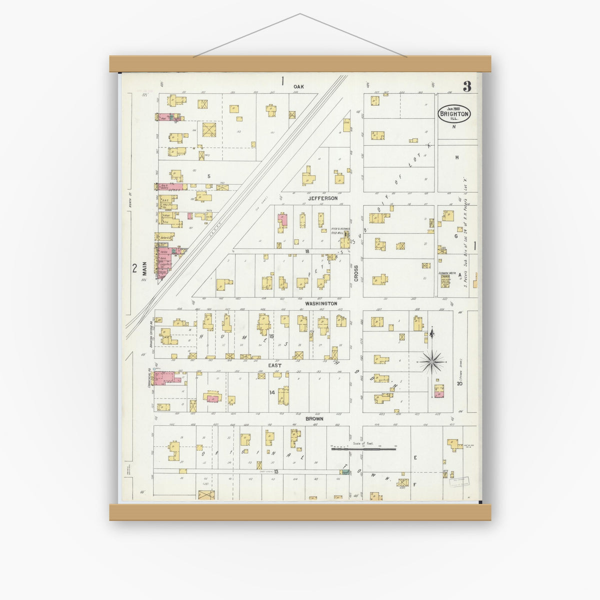 Old map wall art mockup — magnetic wood frame on white wall — Sanborn Fire Insurance Map from Brighton, Macoupin County, Illinois (1900), Sheet #0003