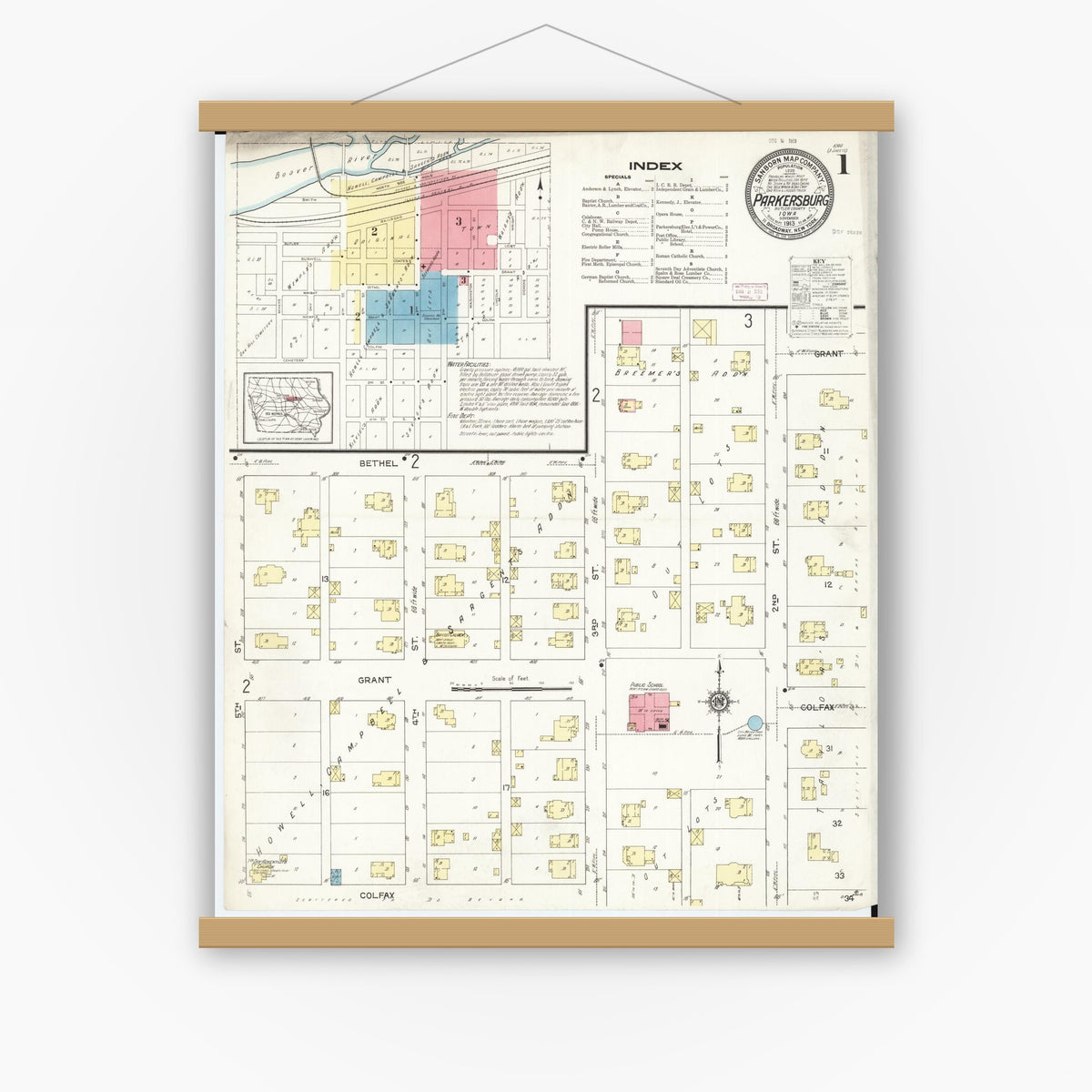 Old map wall art mockup — magnetic wood frame on white wall — Sanborn Fire Insurance Map from Parkersburg, Butler County, Iowa (1913) â€” Complete Set