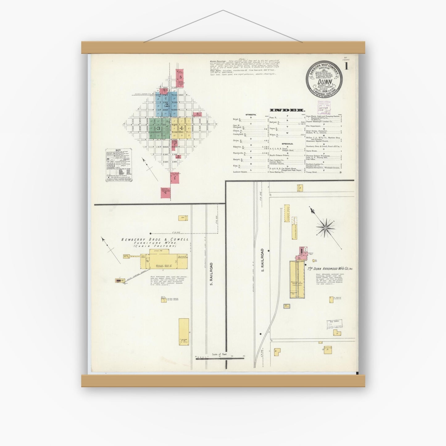 Old map wall art mockup — magnetic wood frame on white wall — Sanborn Fire Insurance Map from Dunn, Harnett County, North Carolina (1908) - Complete Map Set