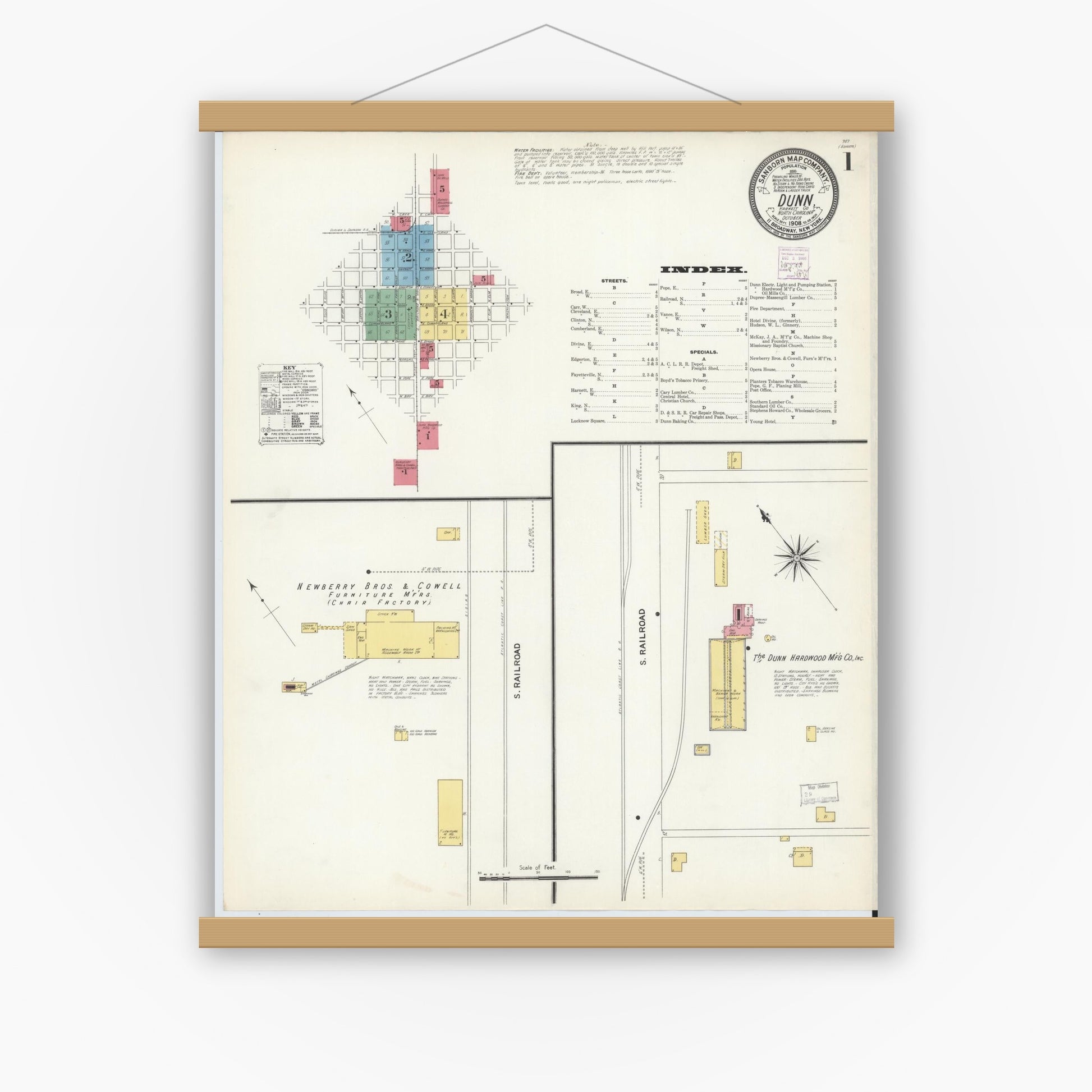 Old map wall art mockup — magnetic wood frame on white wall — Sanborn Fire Insurance Map from Dunn, Harnett County, North Carolina (1908) - Complete Map Set