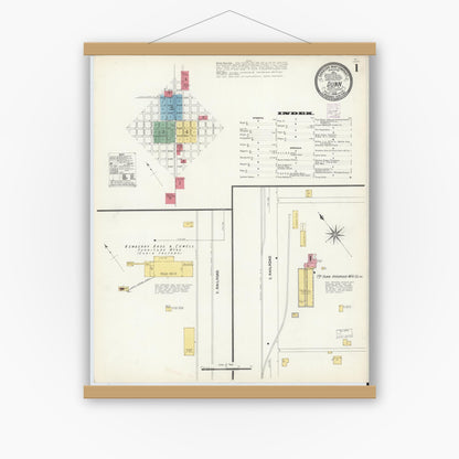 Old map wall art mockup — magnetic wood frame on white wall — Sanborn Fire Insurance Map from Dunn, Harnett County, North Carolina (1908) - Complete Map Set