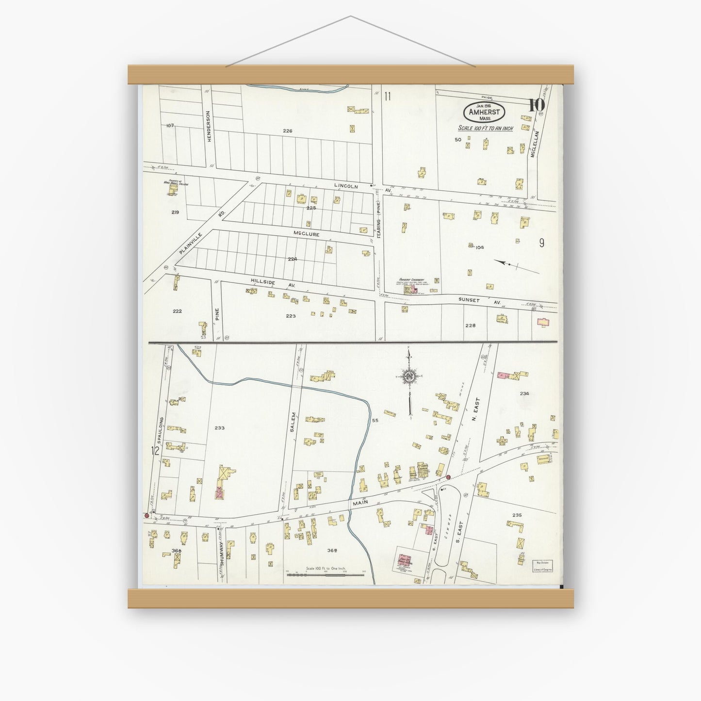 Old map wall art mockup — magnetic wood frame on white wall — Sanborn Fire Insurance Map from Amherst, Hampshire County, Massachusetts (1916), Sheet #0010