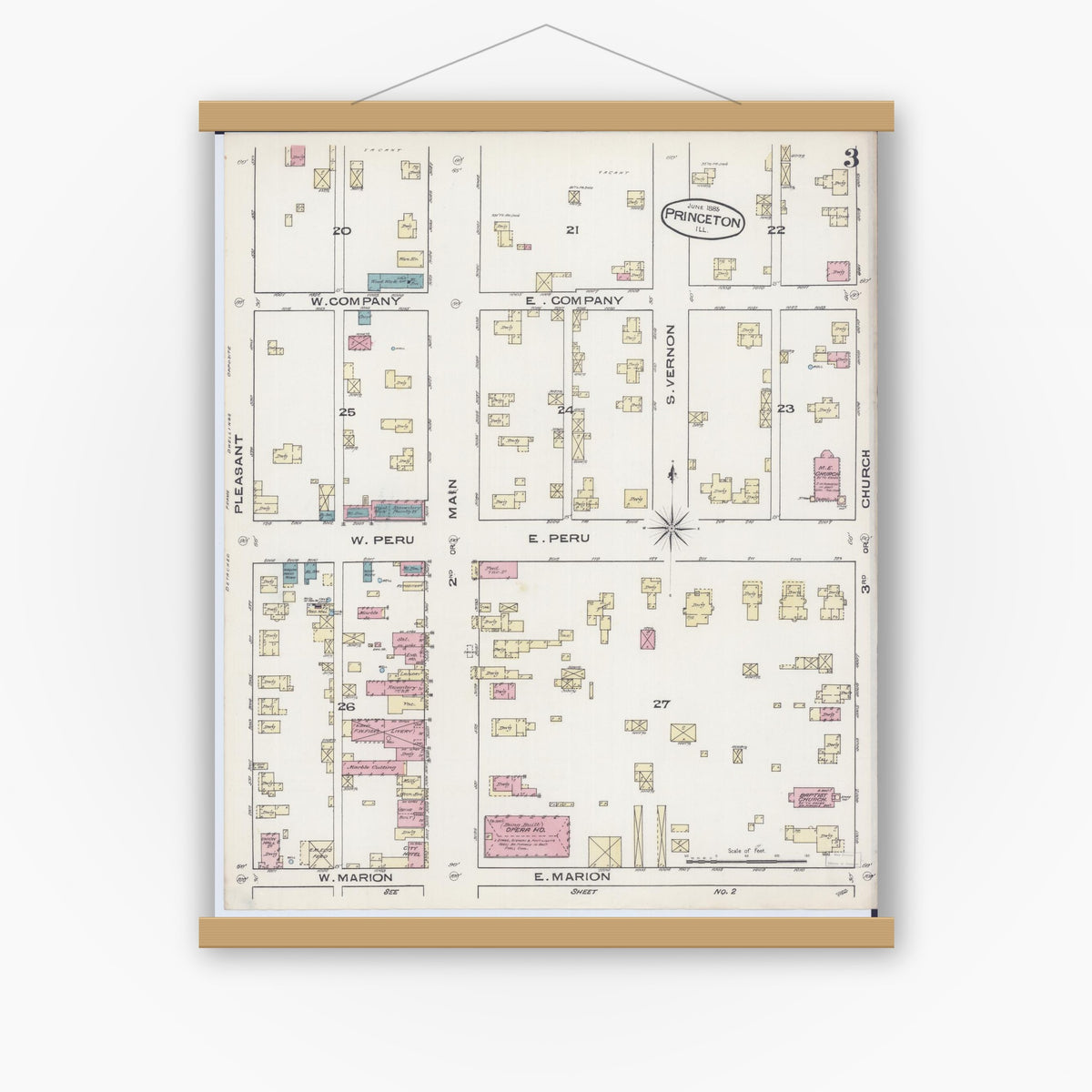 Old map wall art mockup — magnetic wood frame on white wall — Sanborn Fire Insurance Map from Princeton, Bureau County, Illinois (1885), Sheet #0003