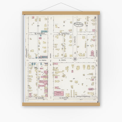 Old map wall art mockup — magnetic wood frame on white wall — Sanborn Fire Insurance Map from Princeton, Bureau County, Illinois (1885), Sheet #0003
